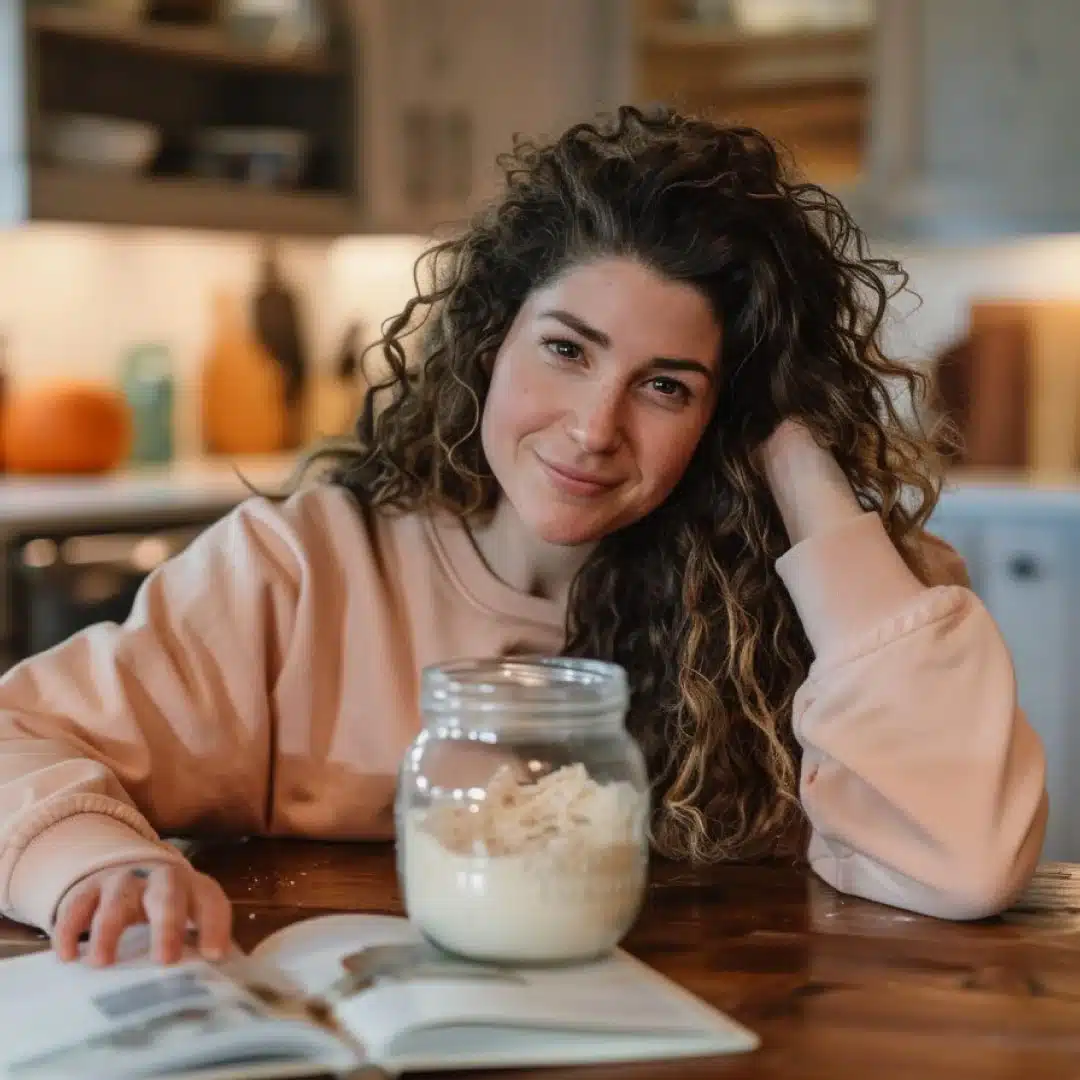 About 1 Emily Dawson smiling at her kitchen table with a jar of sourdough starter and an open recipe book