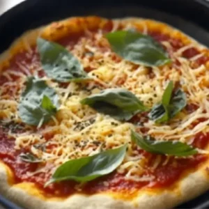 Sourdough pizza with melted cheese and herbs on a rustic table
