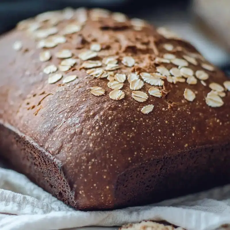 Hearty-Sourdough-Brown-Bread A rustic loaf of sourdough brown bread with a dark, golden crust, topped with rolled oats, resting on a soft linen cloth.