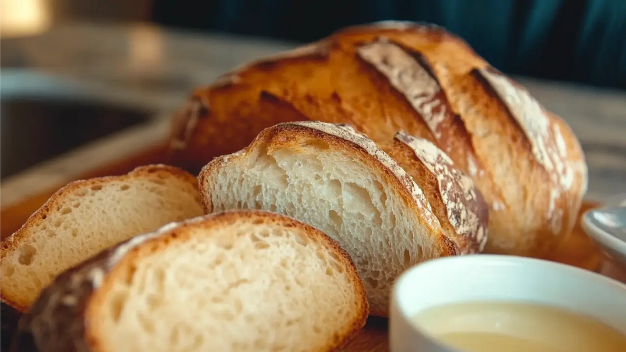 About 3 Close-up of sliced artisan sourdough bread with butter dip