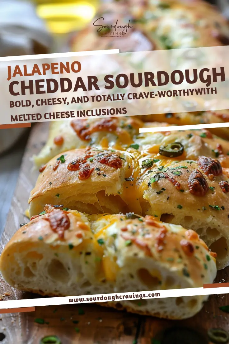 Sliced Jalapeño Cheddar Sourdough Loaf halved jalapeno cheddar sourdough with melted cheese and peppers