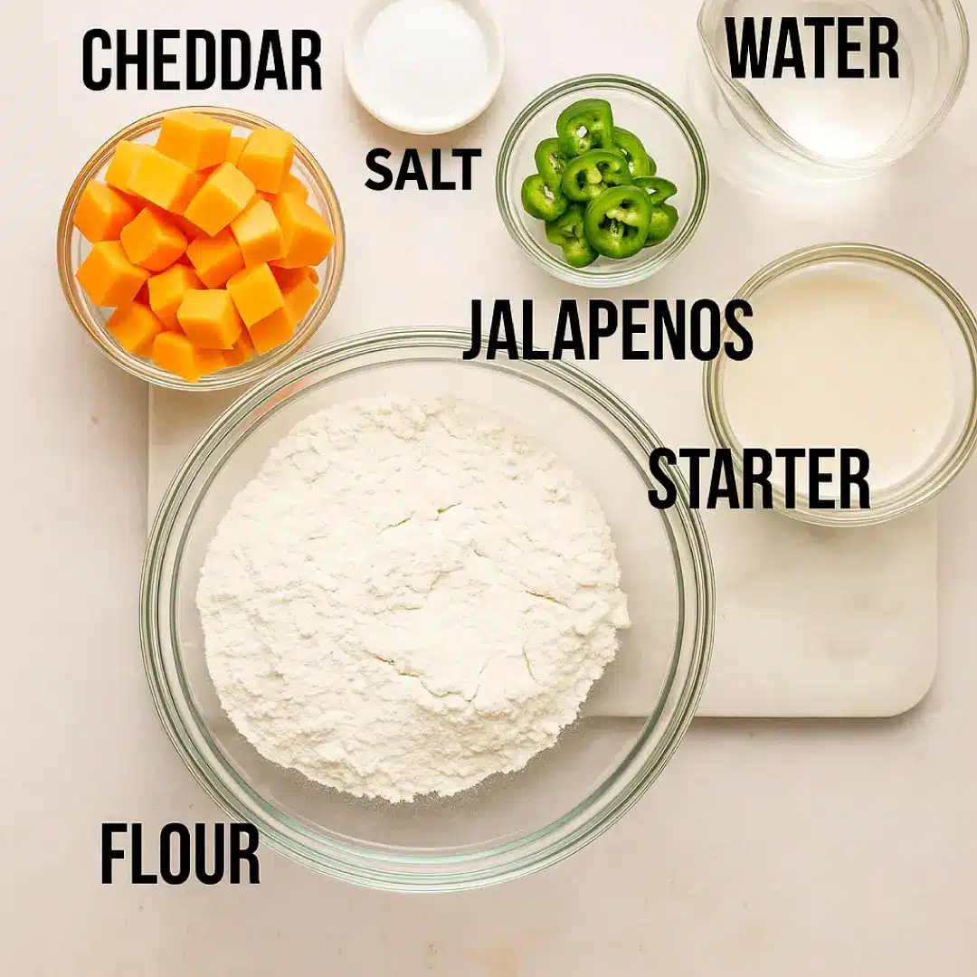 Sourdough-Bread-Ingredients-Flatlay Overhead view of sourdough bread ingredients arranged on a marble surface: flour, water, salt, jalapeños, cheddar cheese, and sourdough starter.