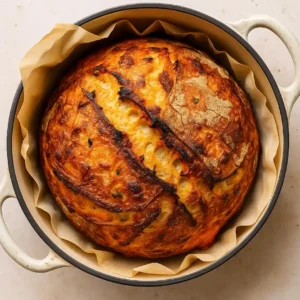 Freshly baked Jalapeno Cheddar Sourdough bread in a parchment-lined Dutch oven.