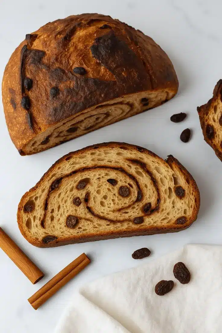 cinnamon-raisin-sourdough-bread-sourdoughcravings-2025 Close-up of sliced cinnamon raisin sourdough bread on rustic wooden board with basil and cinnamon sticks in a bright kitchen