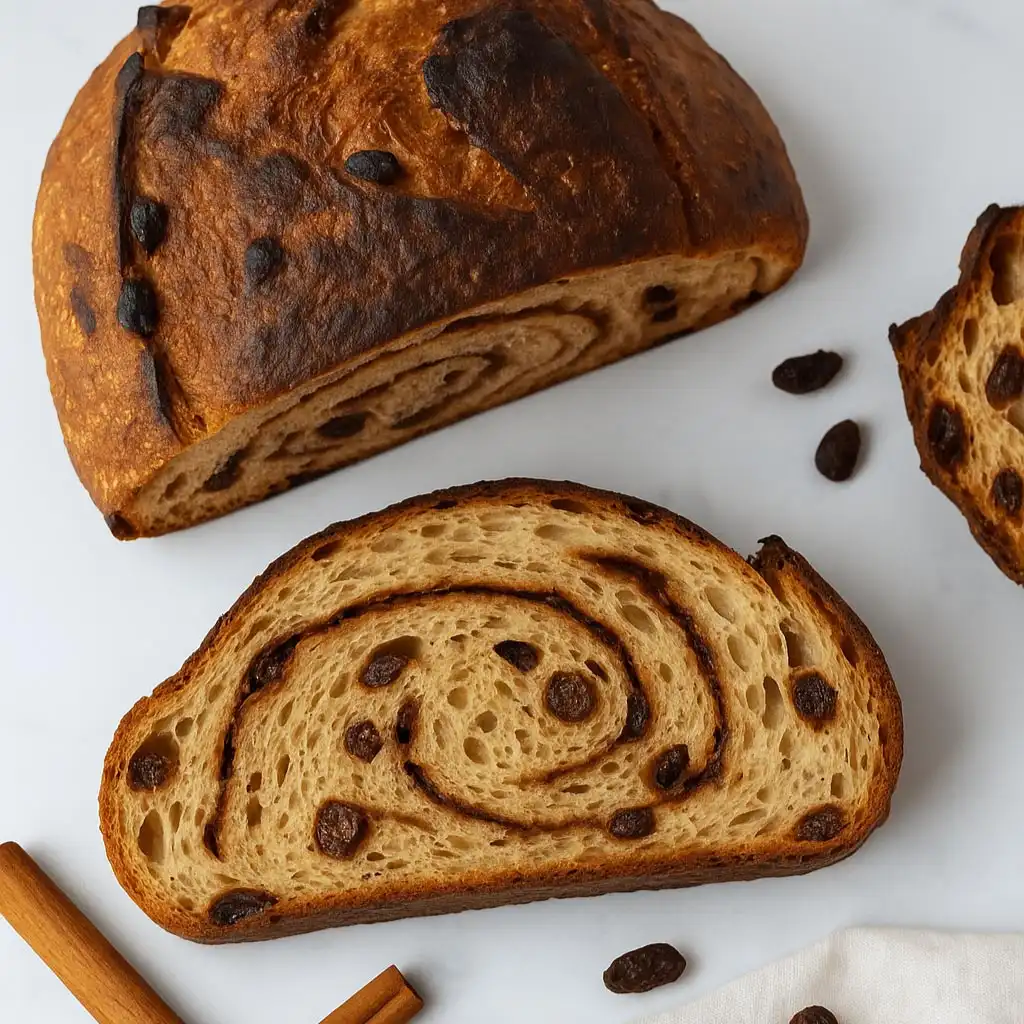cinnamon-raisin-sourdough-bread Homemade cinnamon raisin sourdough bread sliced to show its cinnamon swirl, golden crust, and juicy raisins.