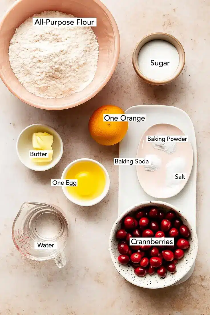cranberry-orange-bread-ingredients-layout Top-down image of labeled cranberry orange bread ingredients arranged on a neutral countertop.