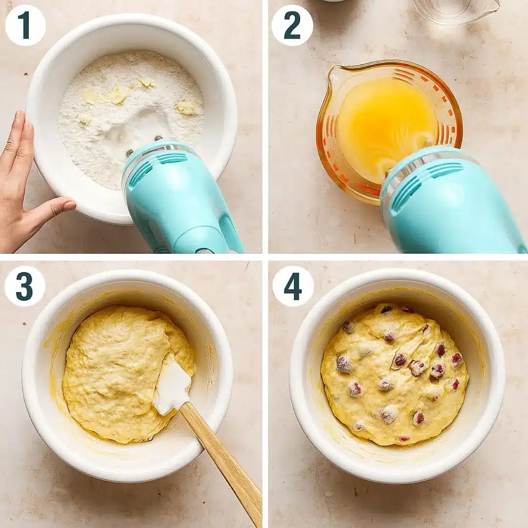 cranberry-orange-bread-mixing-steps Four-step process of mixing cranberry orange bread batter in a white mixing bowl.