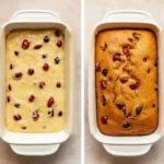 Cranberry Orange Sourdough Bread That Pops with Tangy, Bright Flavor 3 Side-by-side view of Cranberry Orange Sourdough Bread and fully baked loaf in a white pan.