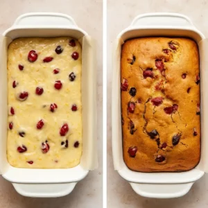 Home 20 Side-by-side view of Cranberry Orange Sourdough Bread and fully baked loaf in a white pan.