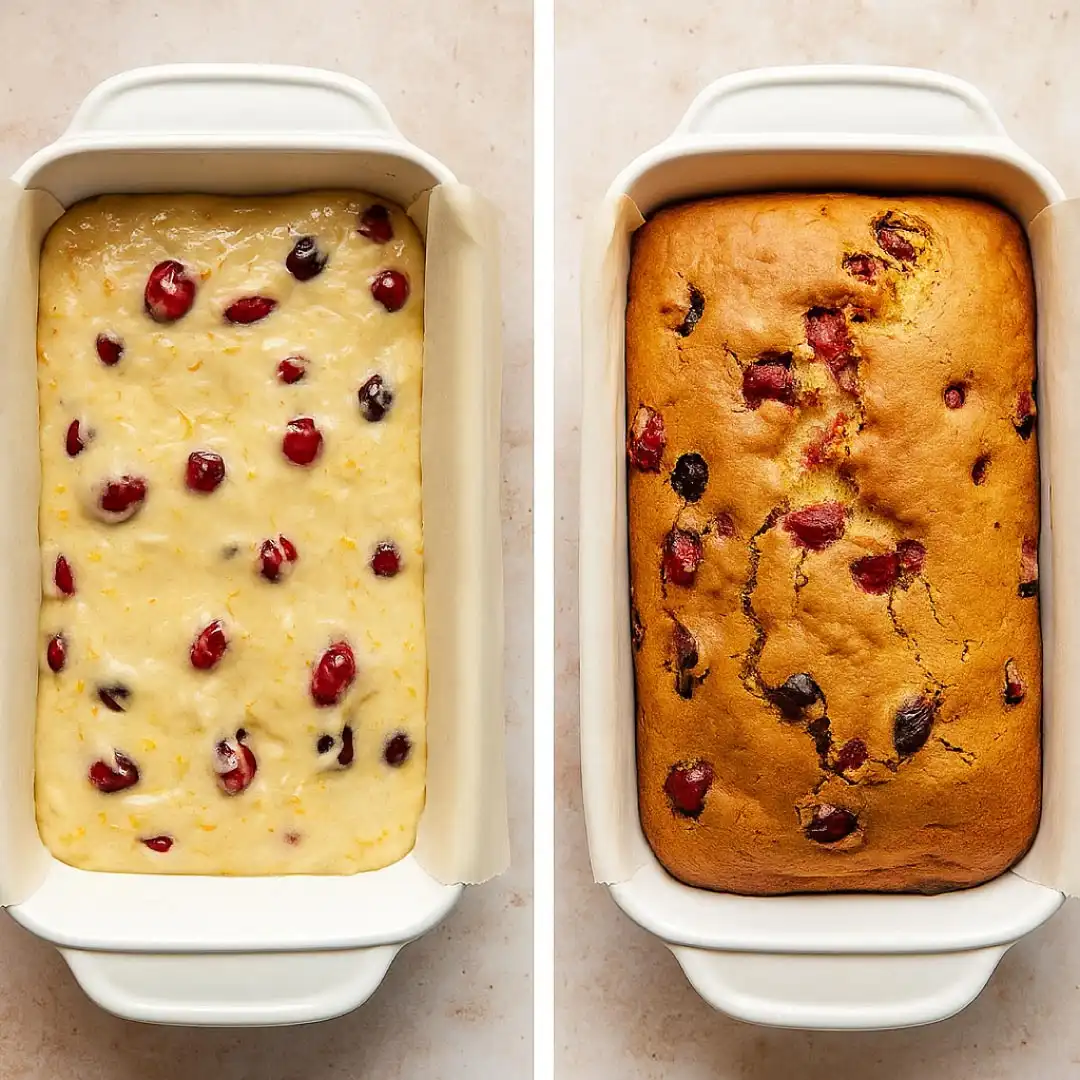 cranberry-orange-loaf-baking-stages Side-by-side view of cranberry orange bread batter and fully baked loaf in a white pan.