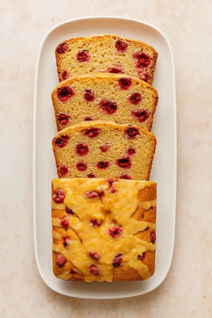 cranberry-orange-loaf-sliced Sliced Cranberry Orange Sourdough Bread loaf with orange glaze on a white rectangular plate.