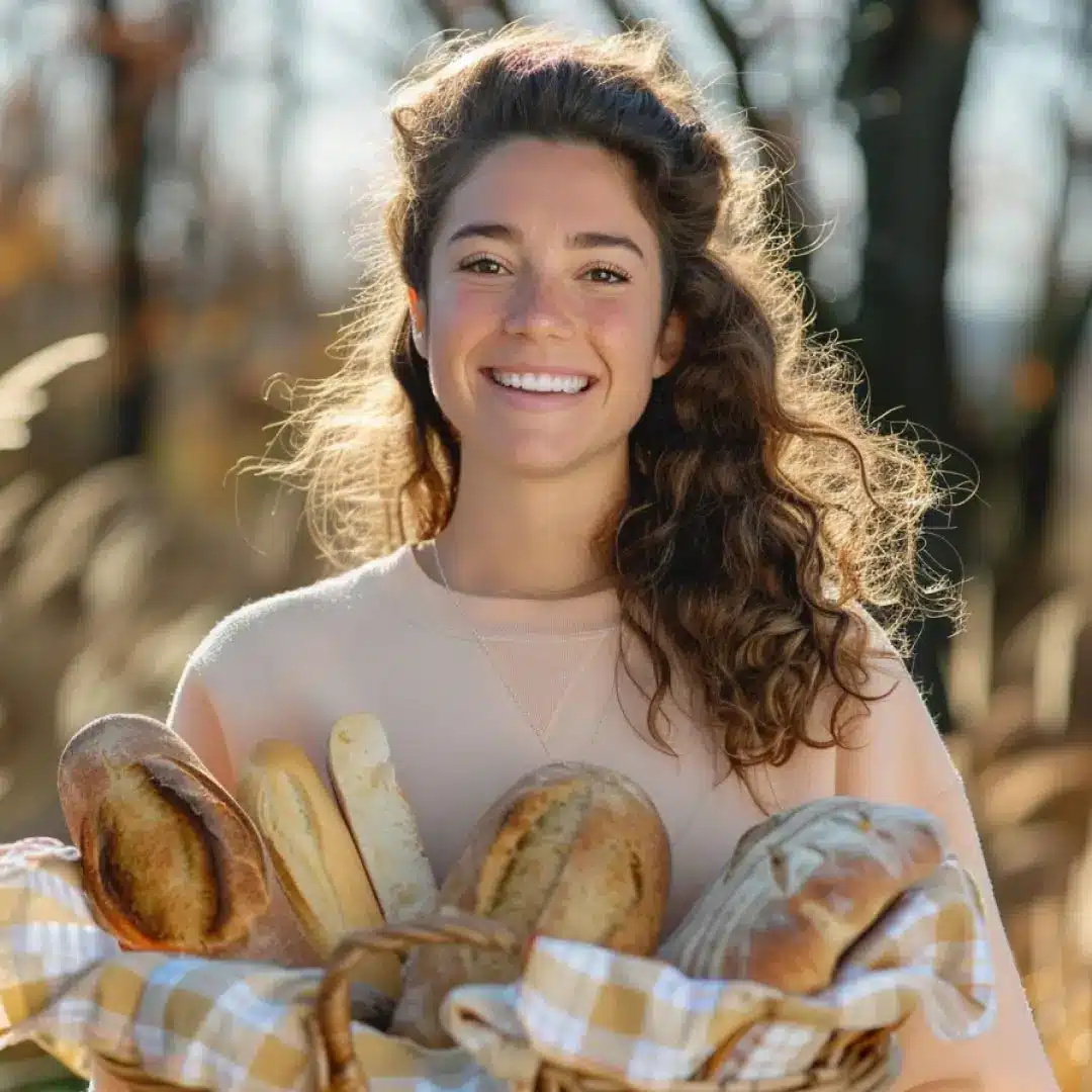 About 9 Text: Emily Dawson smiling while holding a basket filled with artisan bread loaves, outdoors in soft sunlight