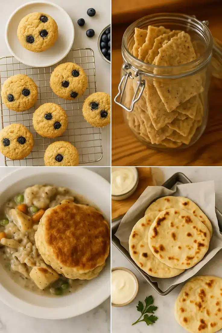 high-protein-sourdough-recipes-collage A cozy 2x2 collage of high protein sourdough recipes including blueberry muffins, seed crackers in a glass jar, creamy chicken pot pie with a golden biscuit topping, and fluffy sourdough flatbreads with dipping sauce and herbs — all beautifully styled in warm farmhouse kitchen lighti
