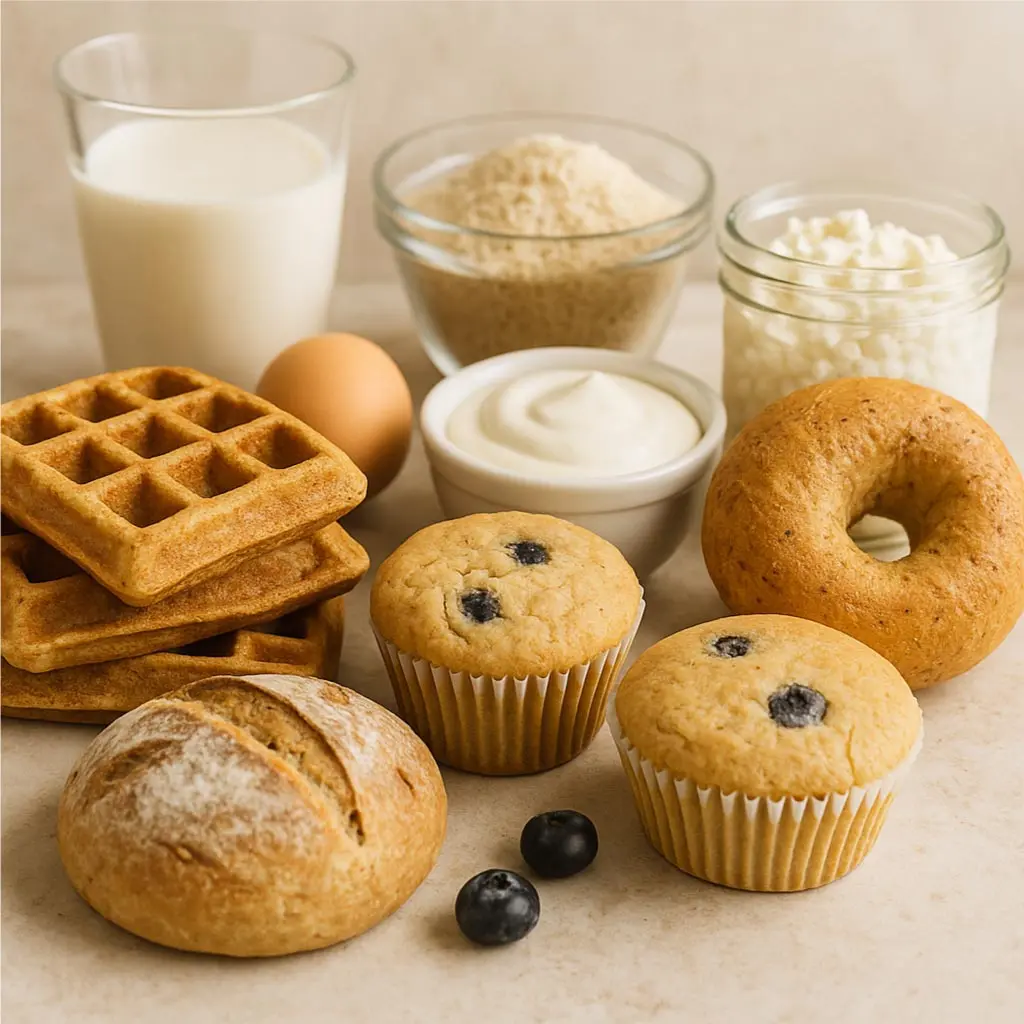 high-protein-sourdough-recipes-ingredients-baked-goods High Protein Sourdough Recipes with Greek Yogurt, Muffins & Waffles
