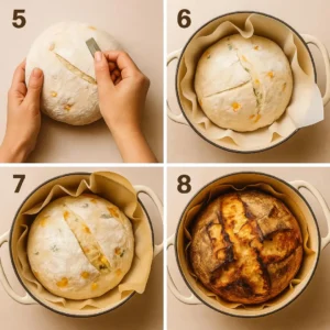 Four-step collage showing the scoring, baking, and final result of jalapeño cheddar sourdough.