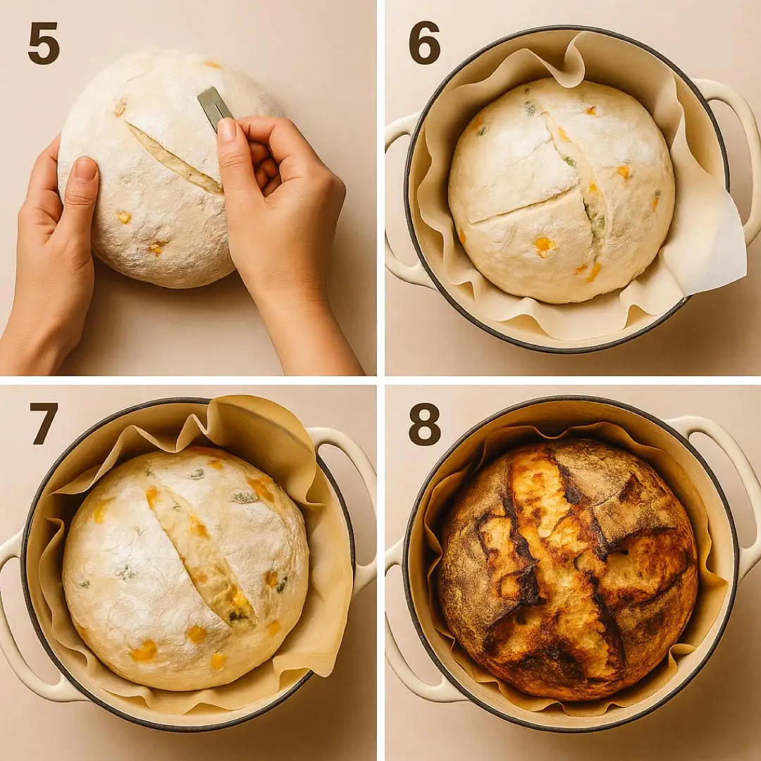 jalapeno-cheddar-bread-baking-steps Four-step collage showing the scoring, baking, and final result of jalapeño cheddar sourdough.