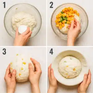 Step-by-step visual guide showing how to mix, add cheddar and jalapeños, shape, and proof sourdough dough.