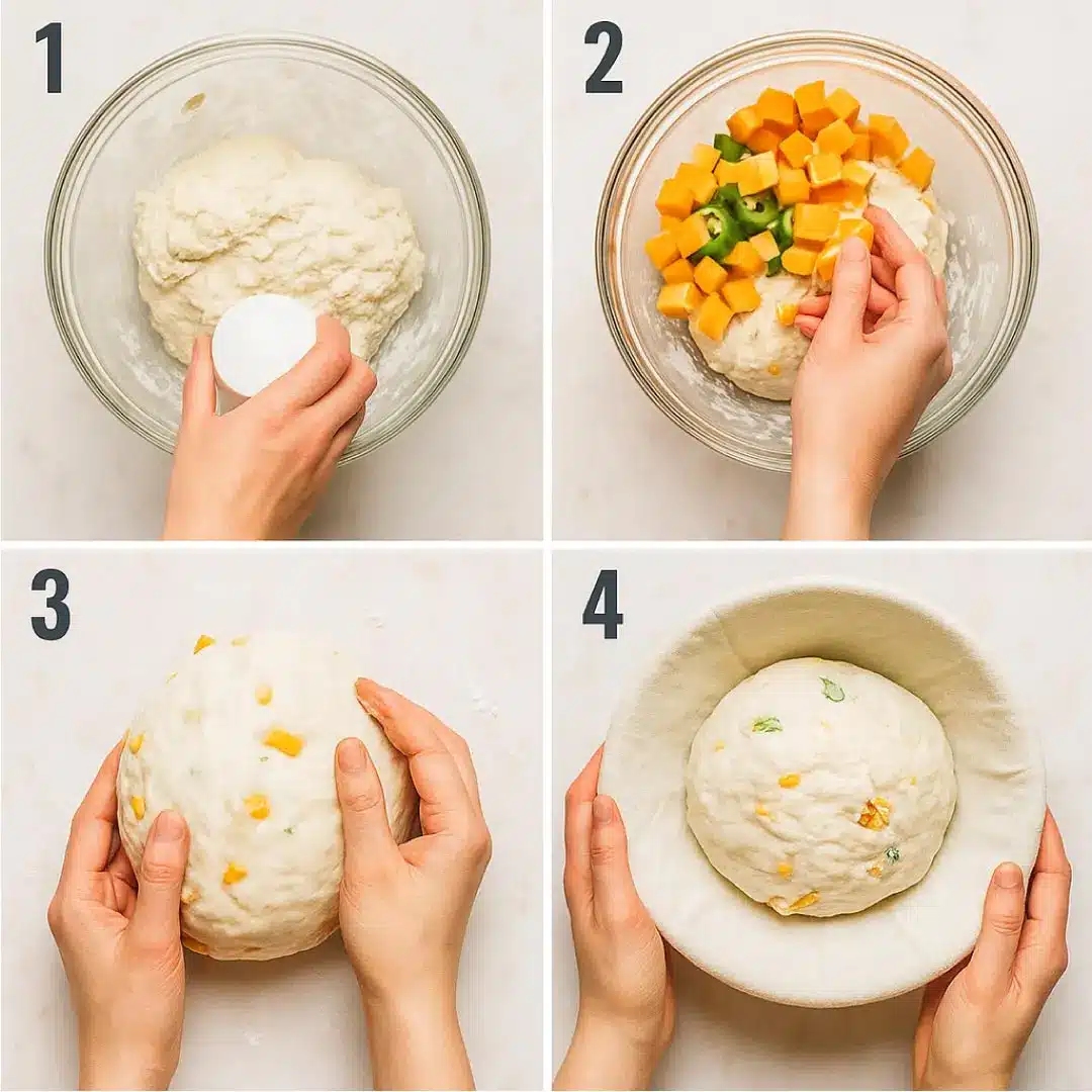jalapeno-cheddar-sourdough-steps Step-by-step visual guide showing how to mix, add cheddar and jalapeños, shape, and proof sourdough dough.