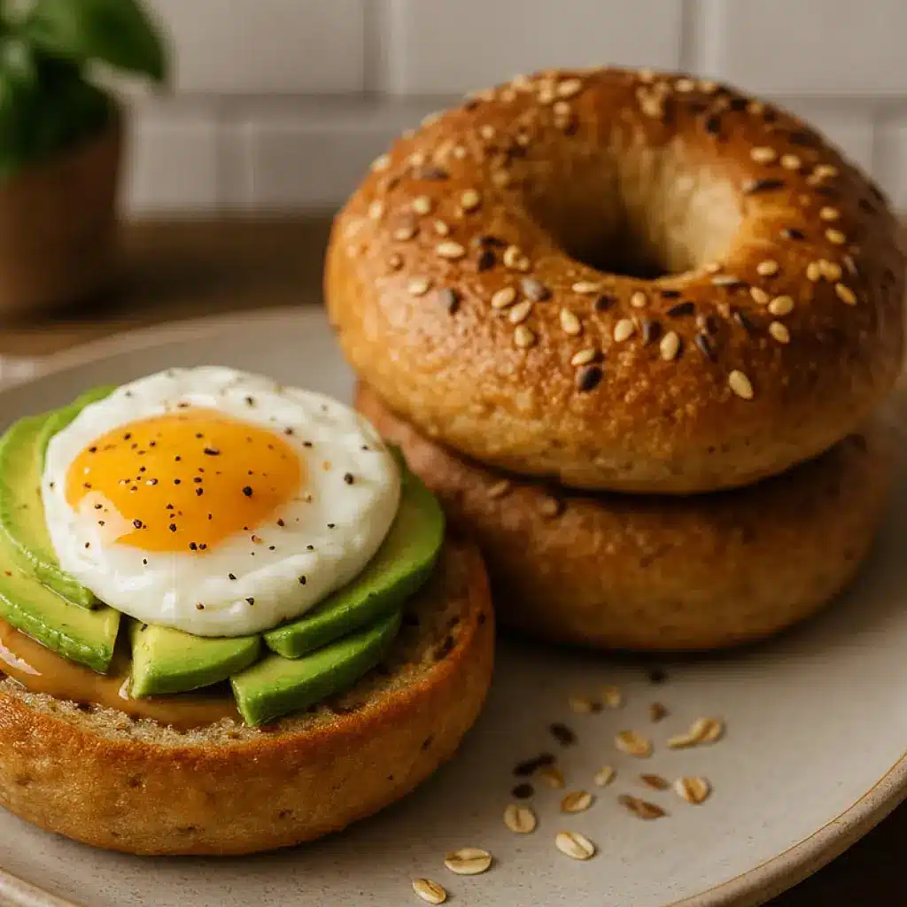 protein-sourdough-bagels-high-protein-breakfast-recipe Protein sourdough bagel topped with almond butter, sliced avocado, and a sunny-side-up egg, with a second seeded bagel in the background on a rustic plate.