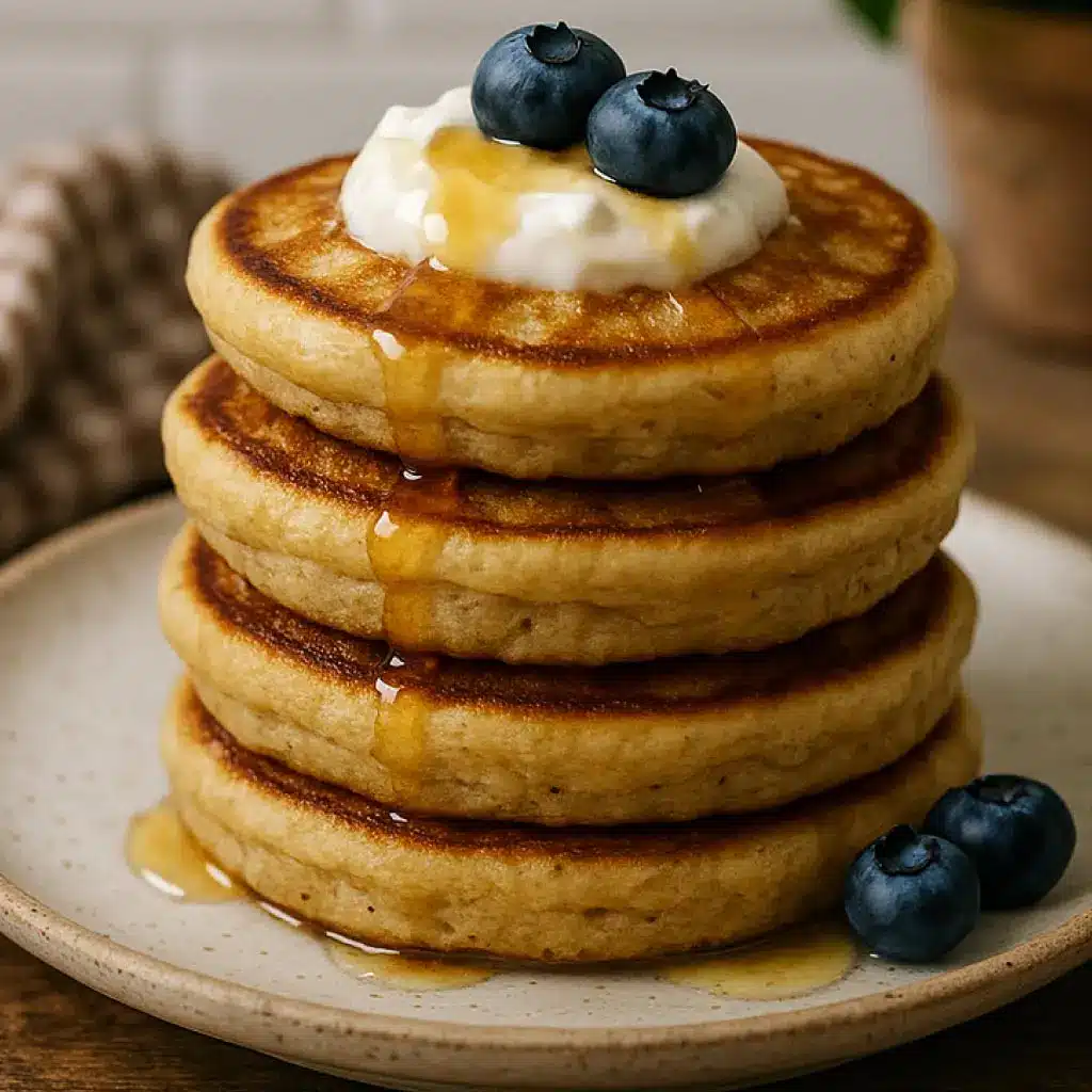 protein-sourdough-pancakes-high-protein-breakfast Fluffy protein sourdough pancakes stacked on a ceramic plate, topped with Greek yogurt, blueberries, and maple syrup, in warm natural light.