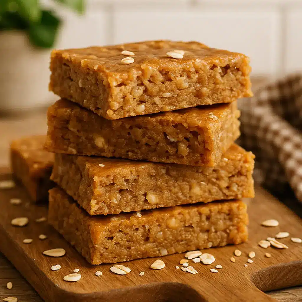 sourdough-protein-bars-high-protein-sourdough-recipes Soft and chewy sourdough protein bars with oats and peanut butter, stacked on a rustic board in warm natural light.