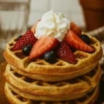 Sourdough Protein Waffles for Energy-Packed Mornings 3 Stack of sourdough protein waffles topped with strawberries, blueberries and whipped cream on rustic wood surface.