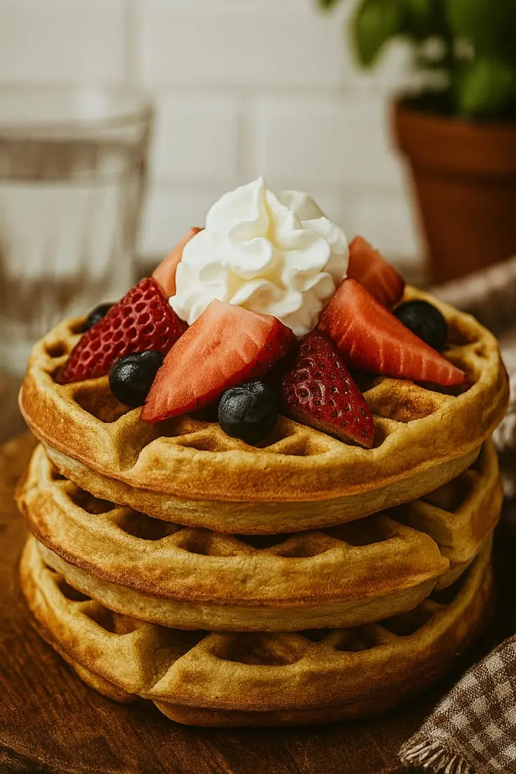 sourdough-protein-waffles-breakfast-recipe Stack of sourdough protein waffles topped with strawberries, blueberries and whipped cream on rustic wood surface.