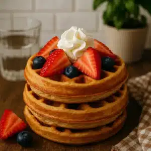 Home 4 Stack of golden sourdough protein waffles topped with fresh strawberries, blueberries, and whipped cream on a rustic wooden table