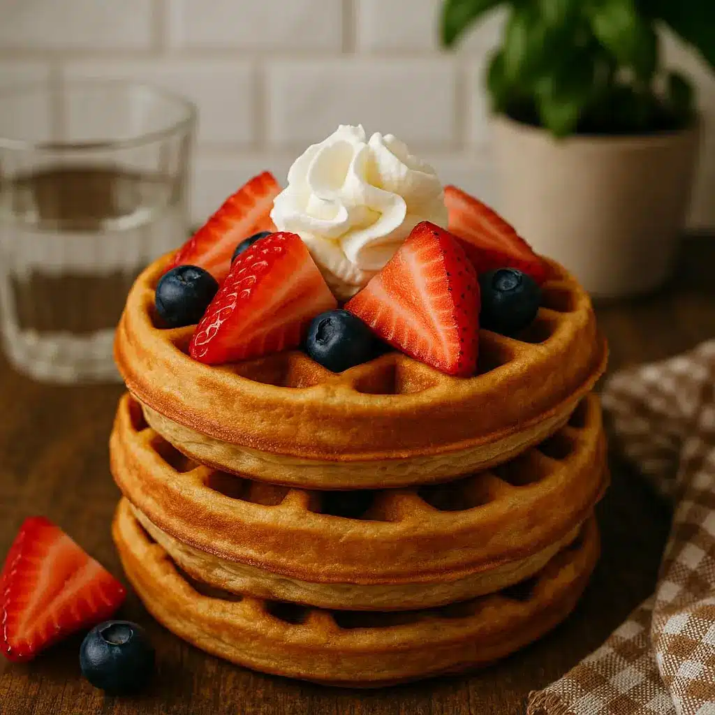 sourdough-protein-waffles-stacked-berries-breakfast Stack of golden sourdough protein waffles topped with fresh strawberries, blueberries, and whipped cream on a rustic wooden table