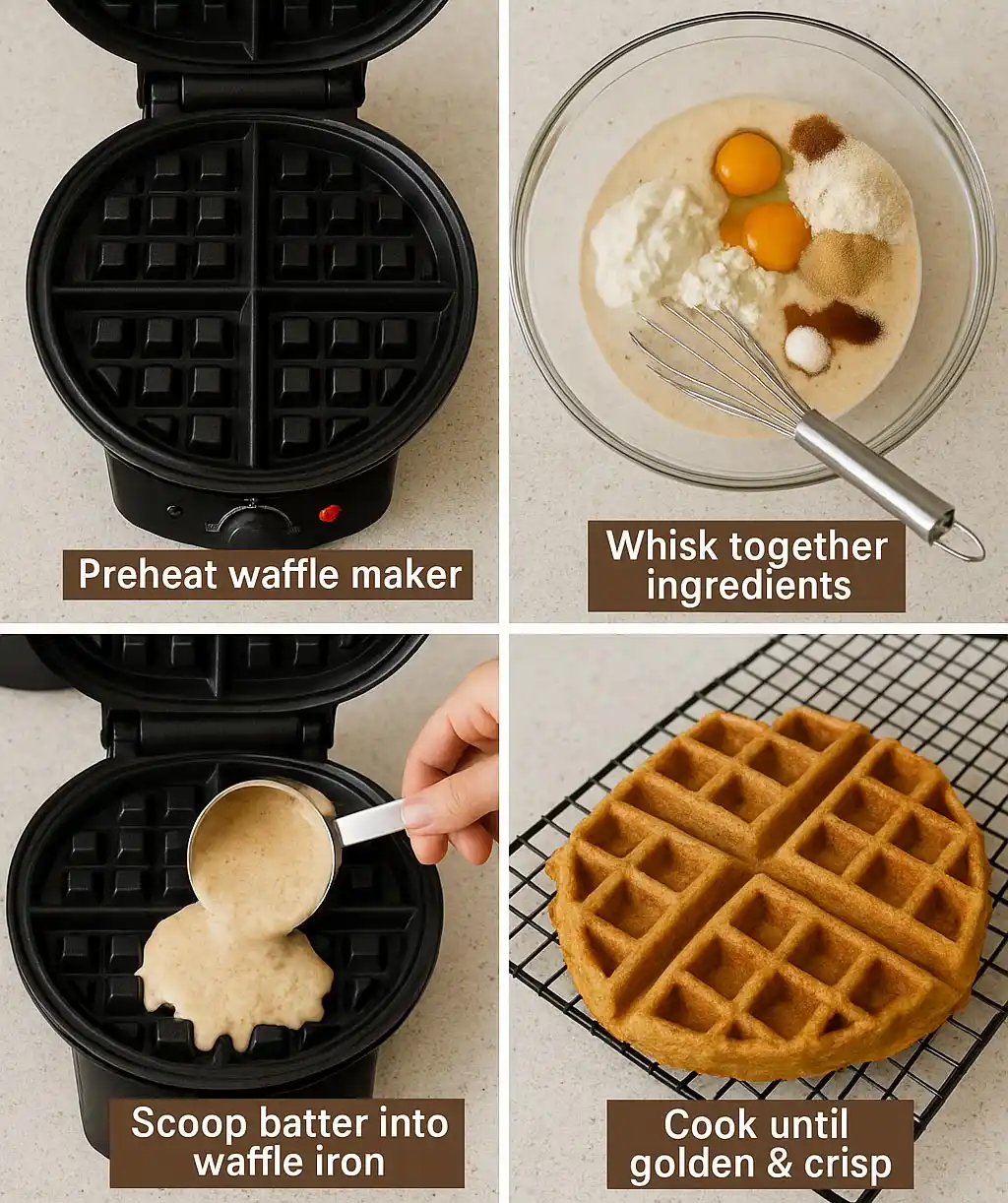 sourdough-protein-waffles-step-by-step-guide Step-by-step collage showing how to make sourdough protein waffles: preheating the waffle maker, whisking ingredients, pouring batter, and cooking to golden perfection.