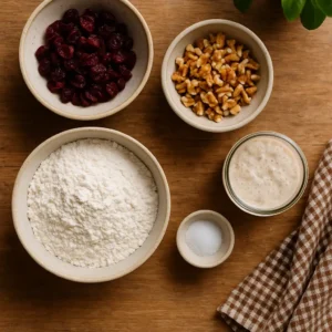 Cranberry Walnut Sourdough: Tart, Crunchy & Toast-Worthy 3 Top-down view of cranberry walnut sourdough ingredients arranged on a wooden counter, including dried cranberries, toasted walnuts, bread flour, sourdough starter, and salt in ceramic bowls, with a brown gingham towel and basil plant in the frame.