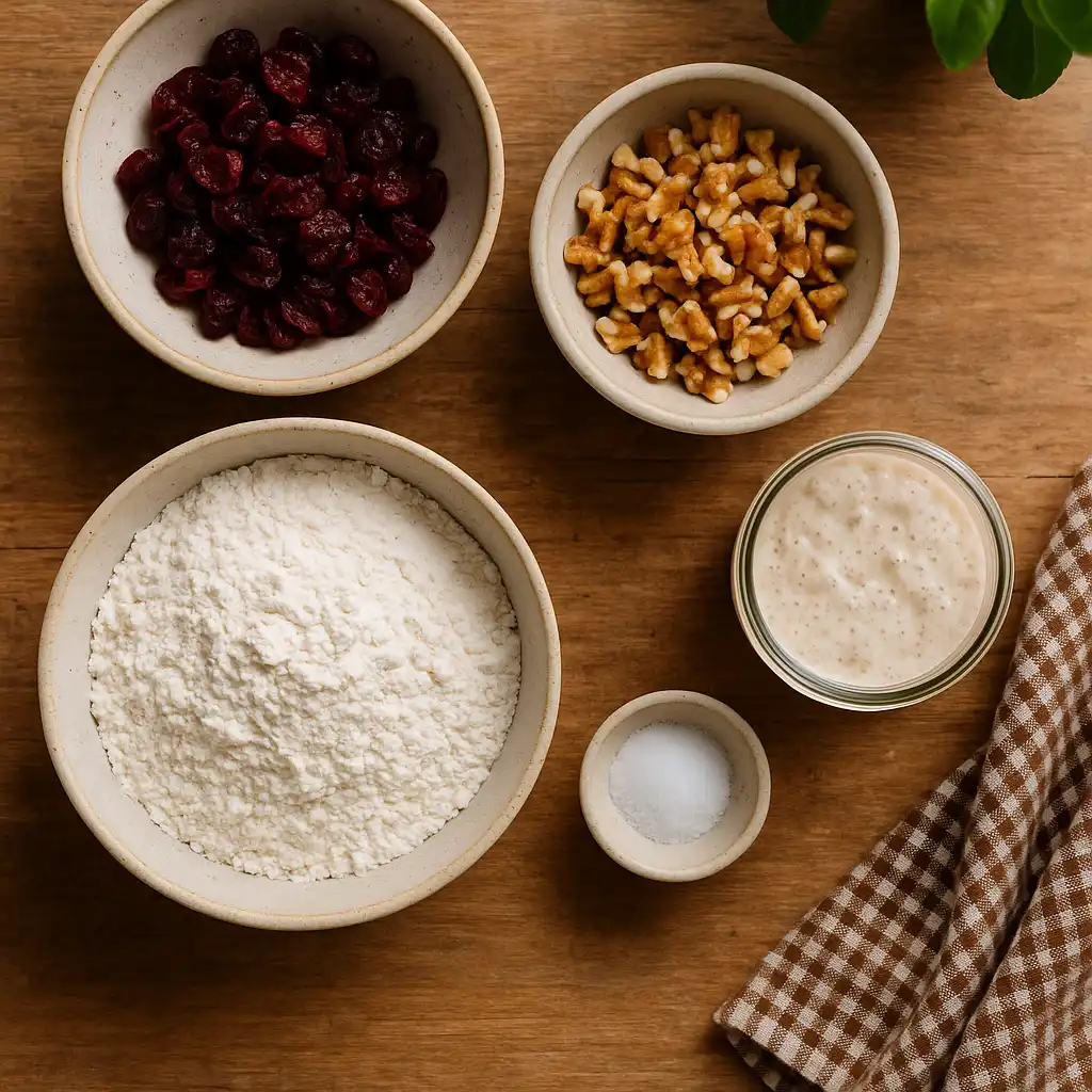 cranberry-walnut-ingredients Top-down view of cranberry walnut sourdough ingredients arranged on a wooden counter, including dried cranberries, toasted walnuts, bread flour, sourdough starter, and salt in ceramic bowls, with a brown gingham towel and basil plant in the frame.