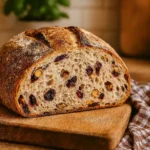 Cranberry Walnut Sourdough: Tart, Crunchy & Toast-Worthy 3 A freshly baked cranberry walnut sourdough loaf sliced in half on a wooden board, showing its golden crust and airy crumb studded with cranberries and walnuts, styled with a soft gingham towel and a blurred basil plant in the background.