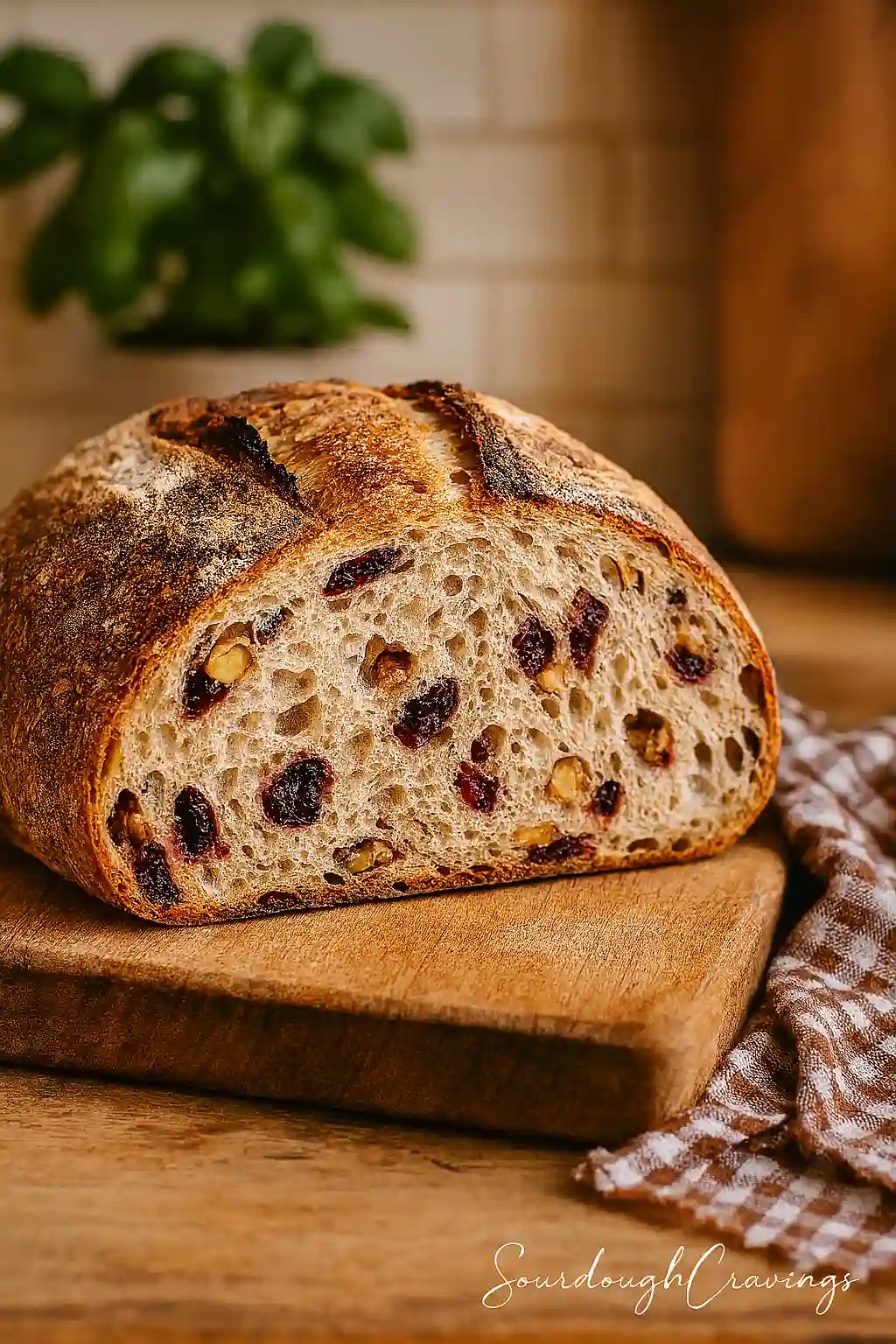 cranberry-walnut-sourdough-featured A freshly baked cranberry walnut sourdough loaf sliced in half on a wooden board, showing its golden crust and airy crumb studded with cranberries and walnuts, styled with a soft gingham towel and a blurred basil plant in the background.