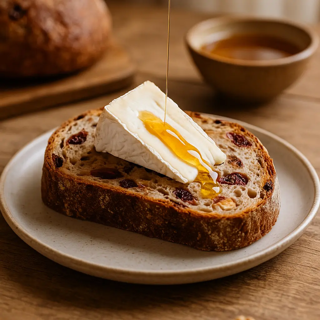 cranberry-walnut-toast-brie Slice of cranberry walnut sourdough topped with creamy brie and drizzled honey on a ceramic plate, styled with warm morning light and rustic kitchen elements in the background.