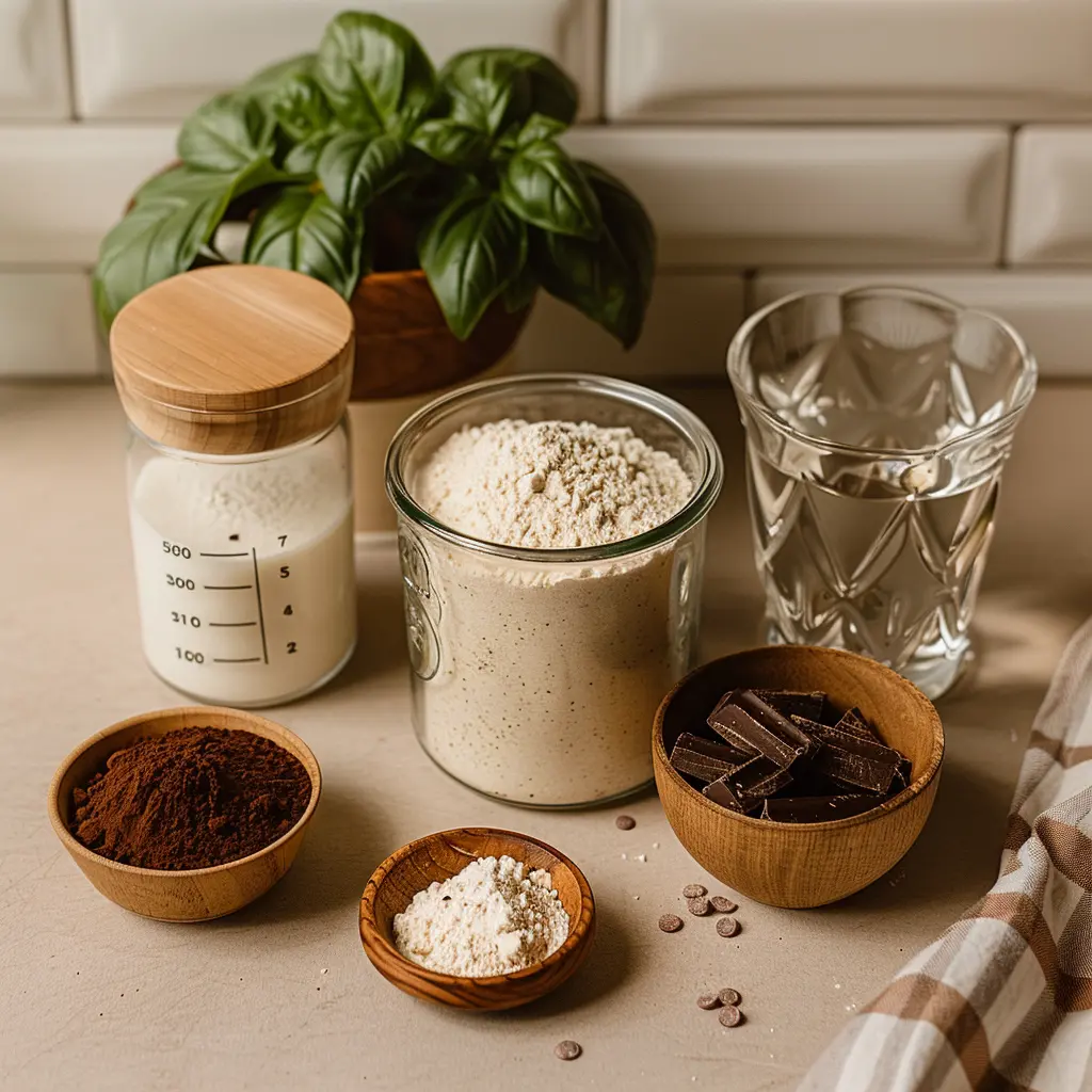 double-chocolate-sourdough-ingredients Ingredients for Double Chocolate Sourdough including flour, cocoa powder, sourdough starter, dark chocolate chunks, and water arranged on a kitchen counter.