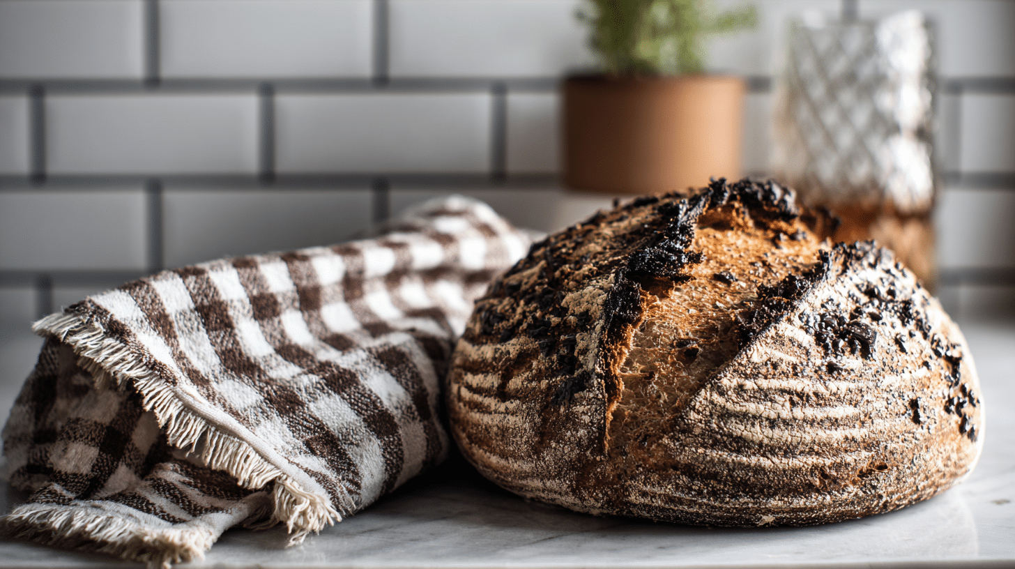 double-chocolate-sourdough-loaf-featuer Rustic double chocolate sourdough loaf with a deep caramelized crust, resting on a marble countertop beside a brown-and-white checkered kitchen towel.