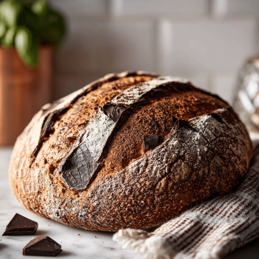 Double Chocolate Sourdough: Rich, Fudgy & Naturally Sweetened 2 Artisan double chocolate sourdough loaf with dark chocolate chunks peeking through the crust, resting on a striped kitchen towel on a marble counter.