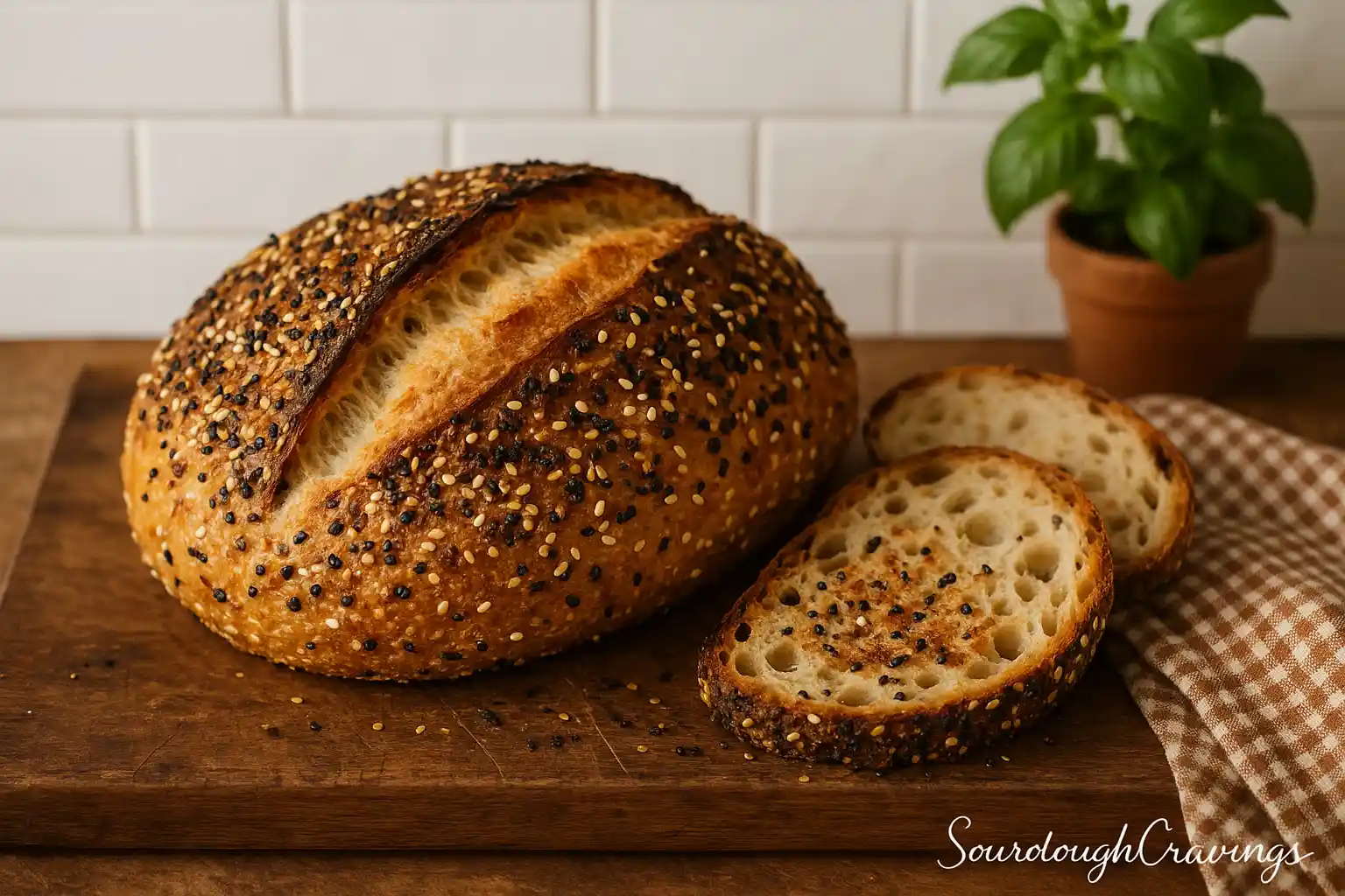 everything-bagel-sourdough-featured Everything bagel sourdough loaf with golden crust