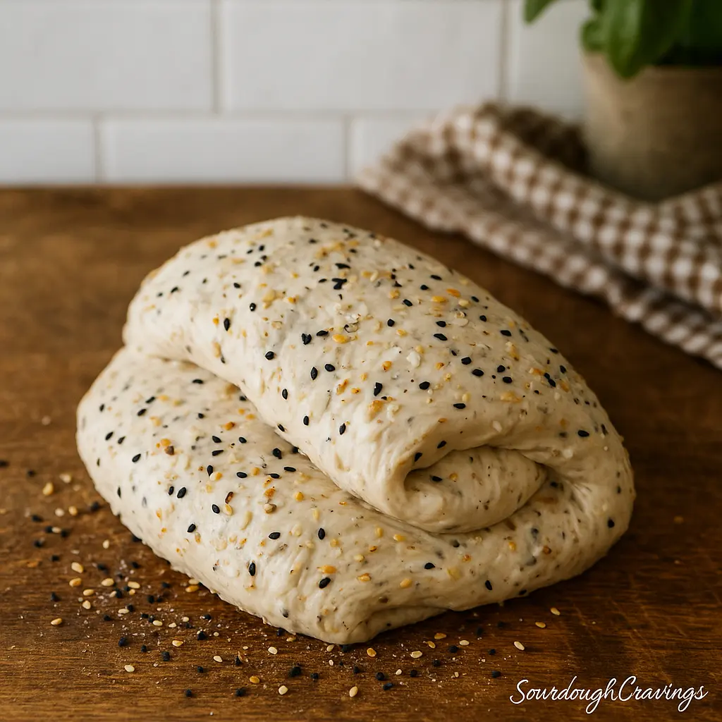 everything-bagel-sourdough-mixing Mixing seasoning into sourdough dough