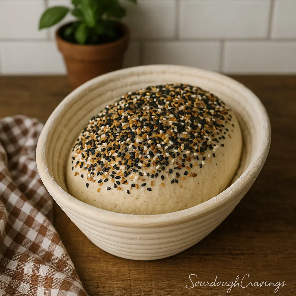 everything-bagel-sourdough-proofing Proofing sourdough with seasoned crust
