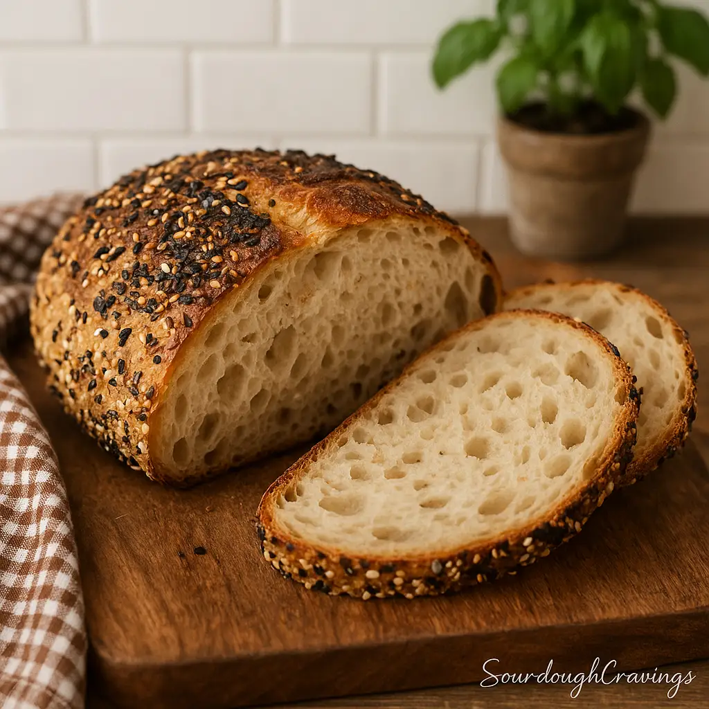 Everything Bagel Sourdough: Seeds & Spices 2 Final sliced sourdough loaf with seeds