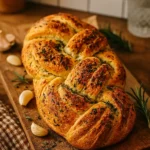Garlic Herb Sourdough: Fresh, Roasted & Dried Flavor Ideas 3 Crusty garlic herb sourdough loaf with rosemary and garlic on wood board