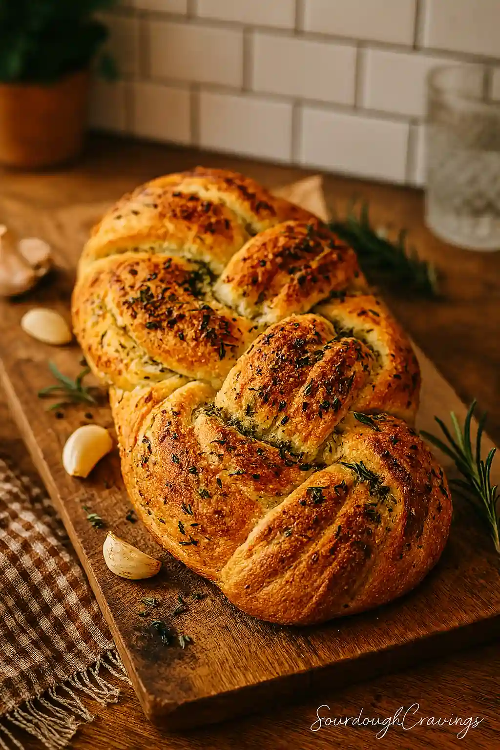 garlic-herb-sourdough-featured Crusty garlic herb sourdough loaf with rosemary and garlic on wood board