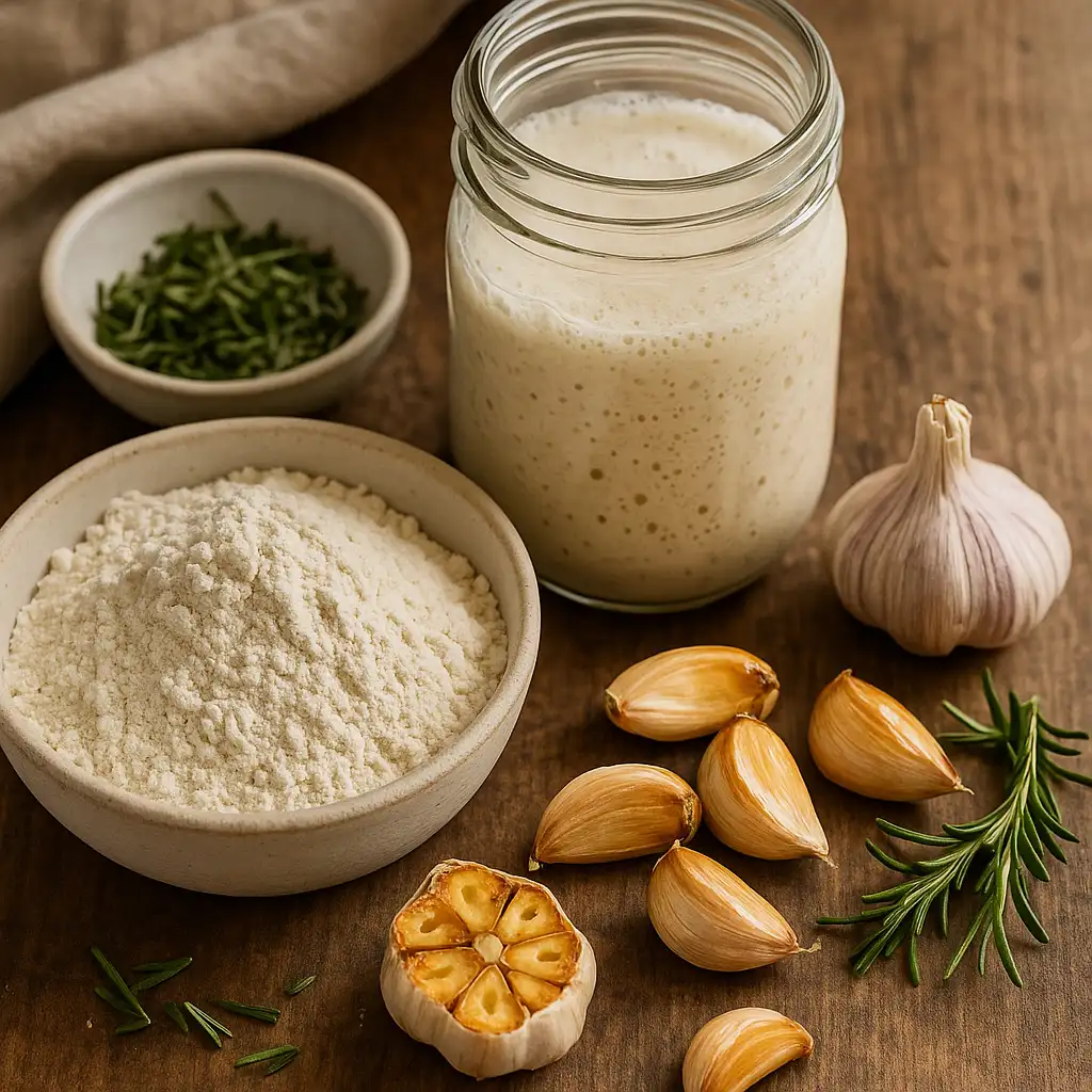 garlic-herb-sourdough-ingredients Garlic herb sourdough ingredients including flour, herbs, garlic, and starter