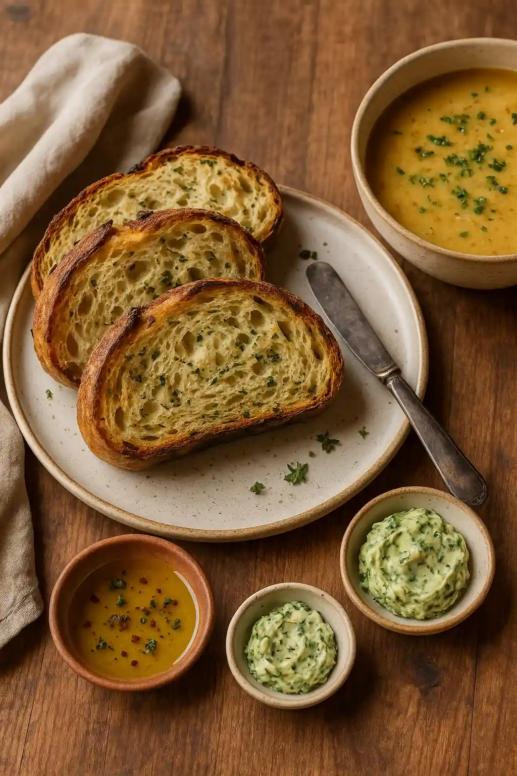 garlic-herb-sourdough-serving Sliced garlic herb sourdough served with soup and dipping oil