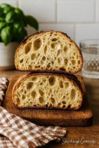 High Protein Sourdough Bread sliced in half on a rustic board, with airy crumb and golden crust, perfect for healthy breakfasts.