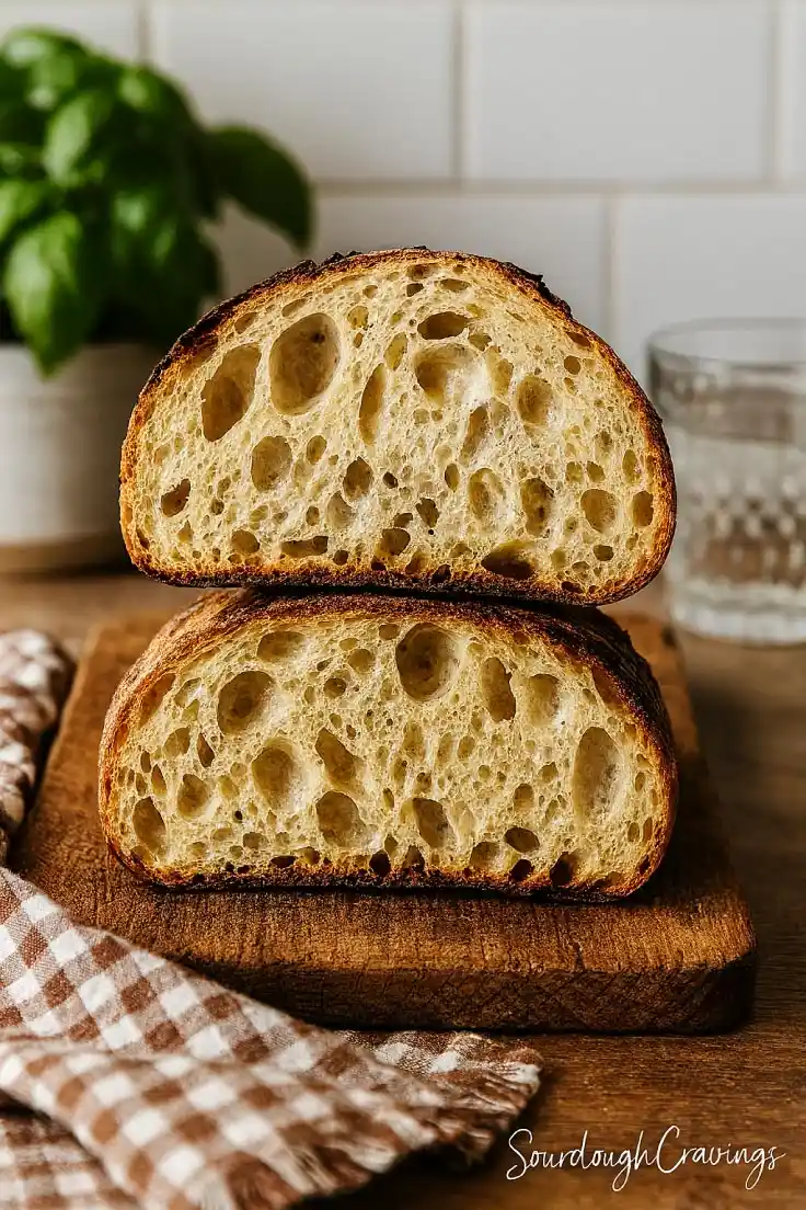 high-protein-sourdough-artisan-loaf-sourdoughcravings High Protein Sourdough Bread sliced in half on a rustic board, with airy crumb and golden crust, perfect for healthy breakfasts.
