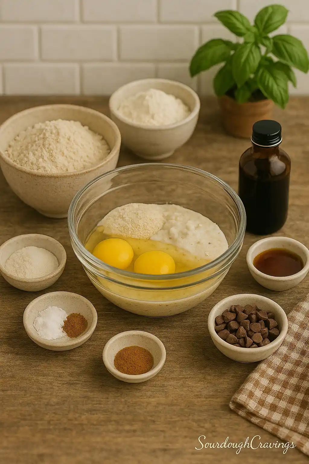 high-protein-sourdough-muffins-ingredients-flatlay Flat lay of ingredients for high protein sourdough muffins including almond flour, eggs, sourdough discard, Greek yogurt, vanilla, chocolate chips, and spices on a wooden surface.