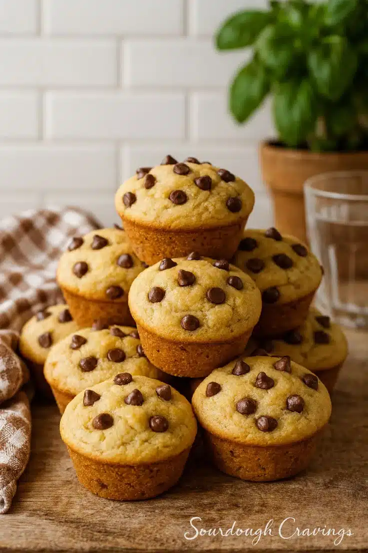 high-protein-sourdough-muffins-stack-breakfast-recipe High protein sourdough muffins stacked on a wooden board with chocolate chips, styled with a gingham napkin and basil plant in a warm kitchen setting.